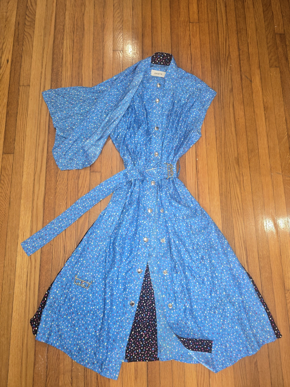 Coach Blue Polka Dot Button-Front Belted Midi Dress